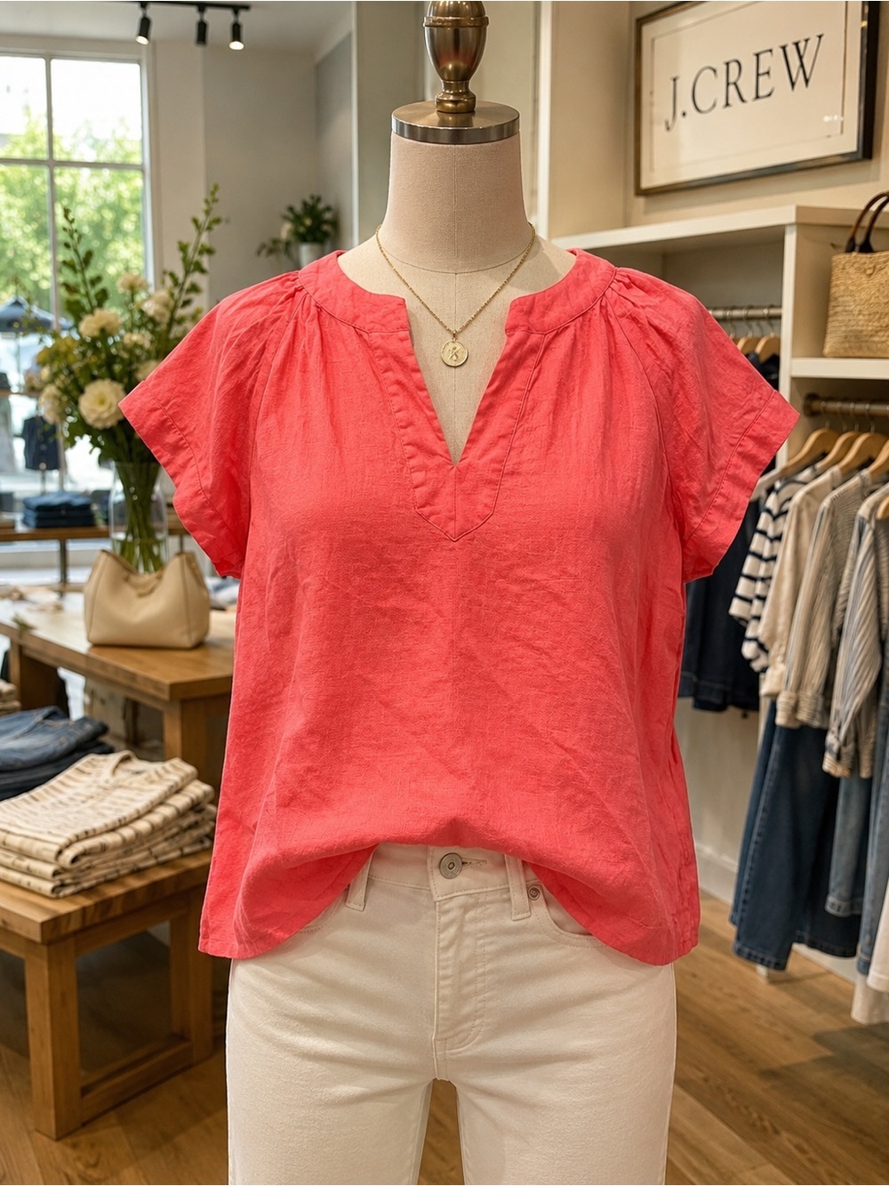J.Crew 100% Linen Coral Popover Blouse Short Sleeve Top Medium